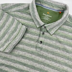 Tommy Bahama Jeans Island Crafted Polo‎ Shirt Mens Large Green Striped Casual
